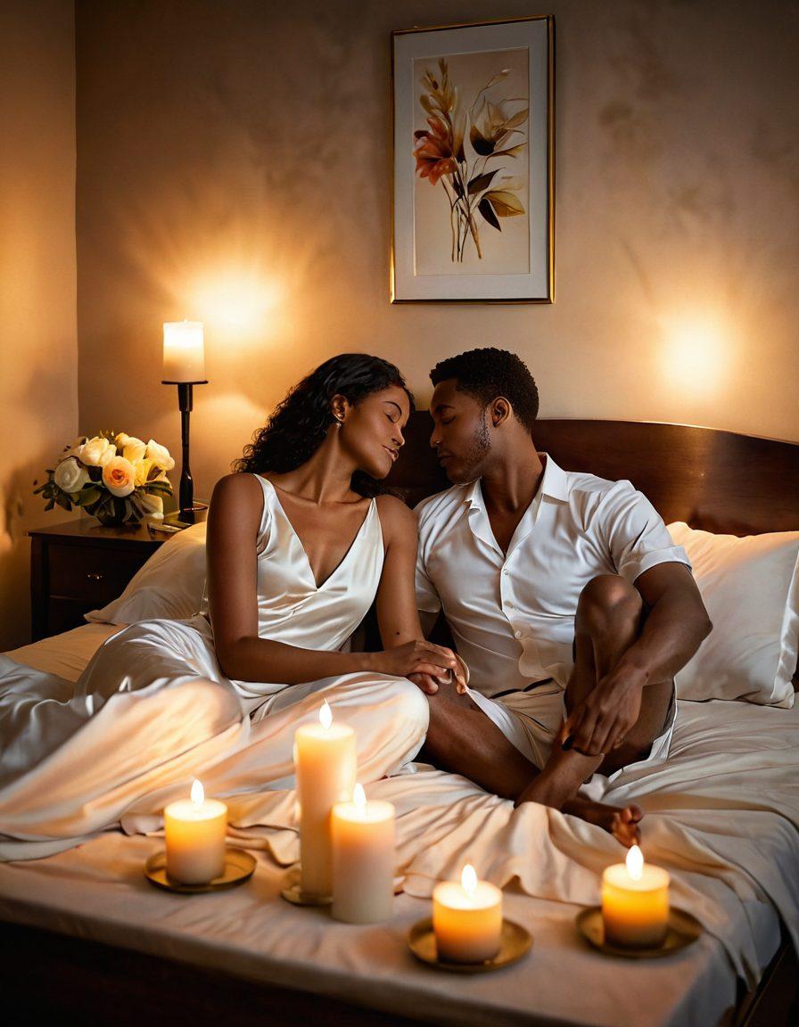 A serene and intimate setting featuring a candlelit room with soft textures, showcasing diverse couples sharing tender moments and engaging in open communication. Elements of sensuality like silk sheets, floral arrangements, and gentle lighting create a warm atmosphere, while abstract representations of health symbols subtly blend into the scene. The image should evoke feelings of connection, love, and well-being, inviting viewers to explore the theme of intimacy. super-realistic. soft lighting. warm tones. cozy ambiance.