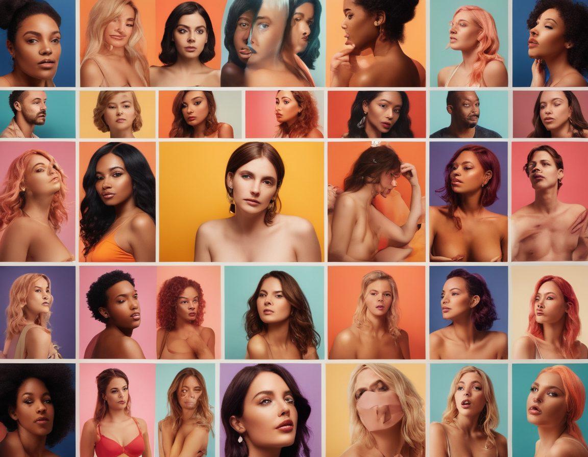 A visually engaging collage representing the journey through the world of sexual wellness in adult films, featuring elements like graphic content artistry, user reviews bubbling like speech balloons, and a diverse cast of individuals experiencing empowerment and liberation. Include soft, inviting colors to emphasize comfort and openness, contrasted with bold graphic elements to signify adult themes. The background should subtly blend cinematic motifs, creating an immersive atmosphere. vibrant colors. 3D.