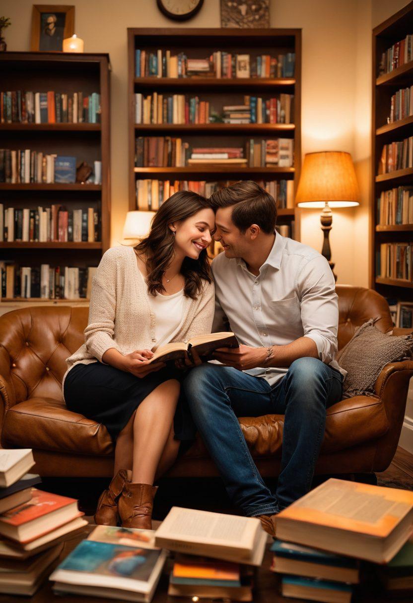 A thoughtful couple engaged in an intimate conversation about relationships, surrounded by educational books and cozy decor that symbolizes their shared journey. Include subtle hints of adult themes represented through abstract art on the walls, creating a warm and inviting atmosphere. Soft lighting and a few candid moments of laughter or deep discussion will enhance the scene. super-realistic. warm tones. soft focus.